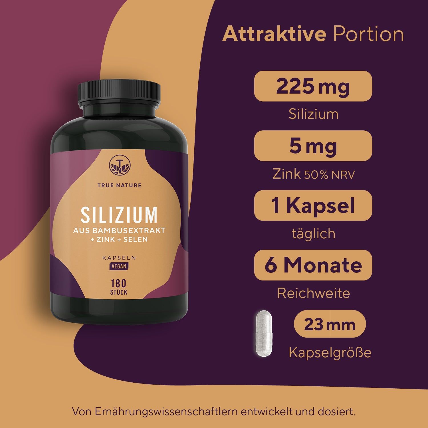 Flacone scuro con capsule. Scritta: Silicio, Zinco, Selenio. 180 capsule. Vegano. Dimensione capsula 23mm.