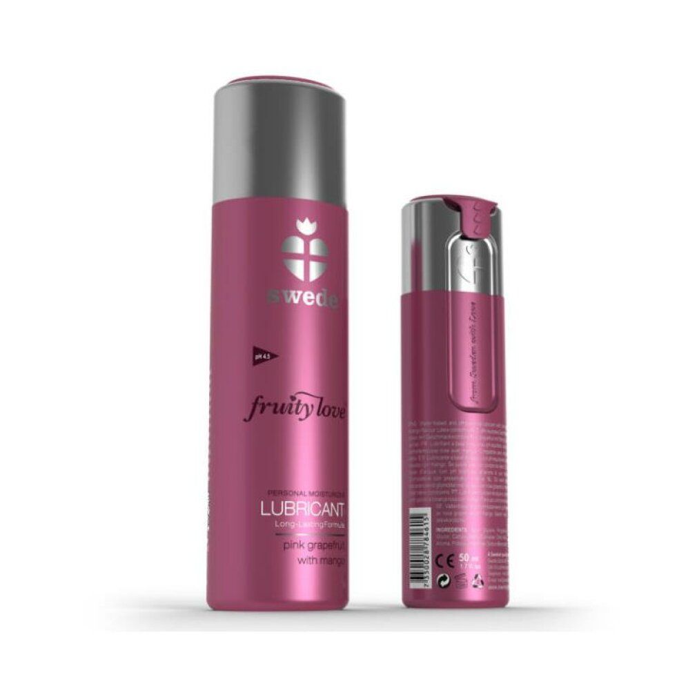 Due flaconi rosa con tappi argentati. Scritta: Swede, Fruity Love, Lubricant, Pink Grapefruit with Mango.