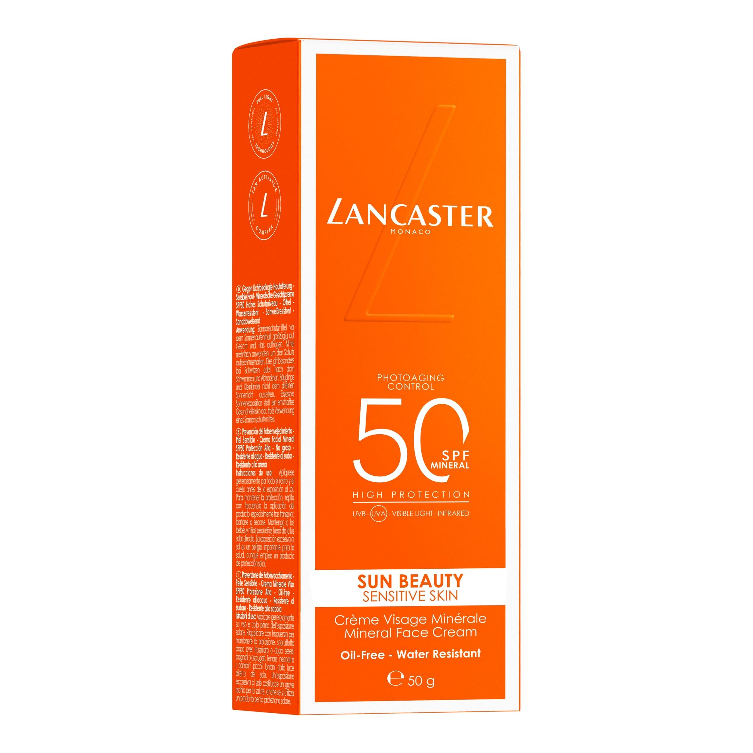 Confezione con tubo. Scatola arancione Lancaster, SPF 50, Sun Beauty per pelli sensibili. 50g.
