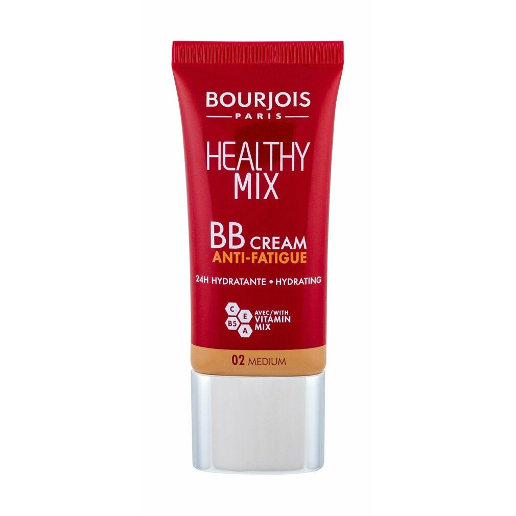 Tubo rosso Bourjois Healthy Mix BB Cream 02 Medium. Testo: Healthy Mix, BB Cream Anti-Fatigue, 24H Hydratante + Hydrating.