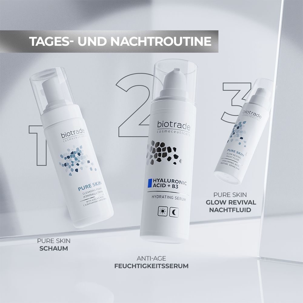 Tre prodotti: schiuma detergente, siero e fluido notte. Il siero è il prodotto con Acido Ialuronico + B3.