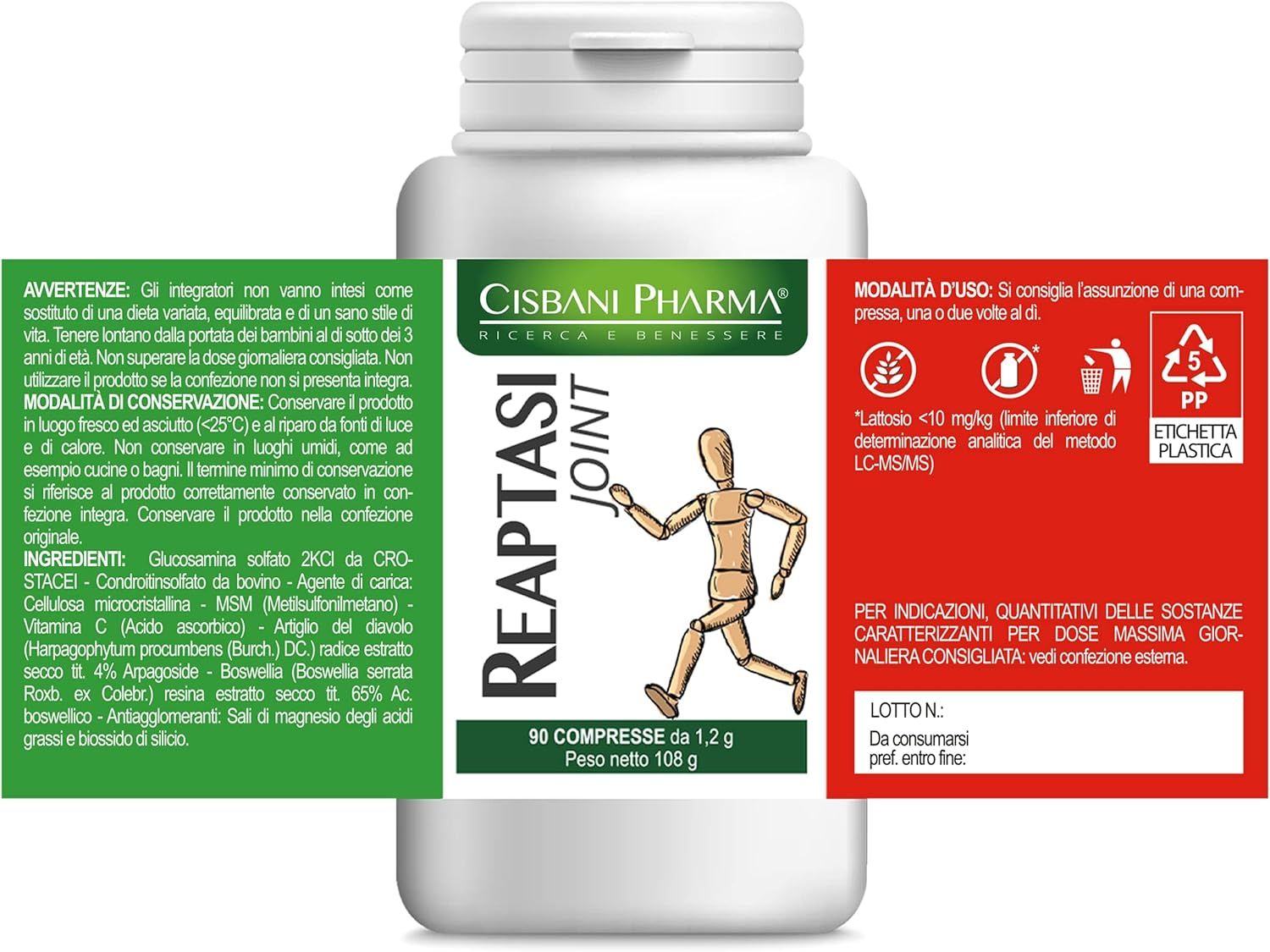 Cisbani Pharma Reaptasi JOINT. Flacone bianco con informazioni sul prodotto. Etichette con ingredienti e istruzioni per l'uso.