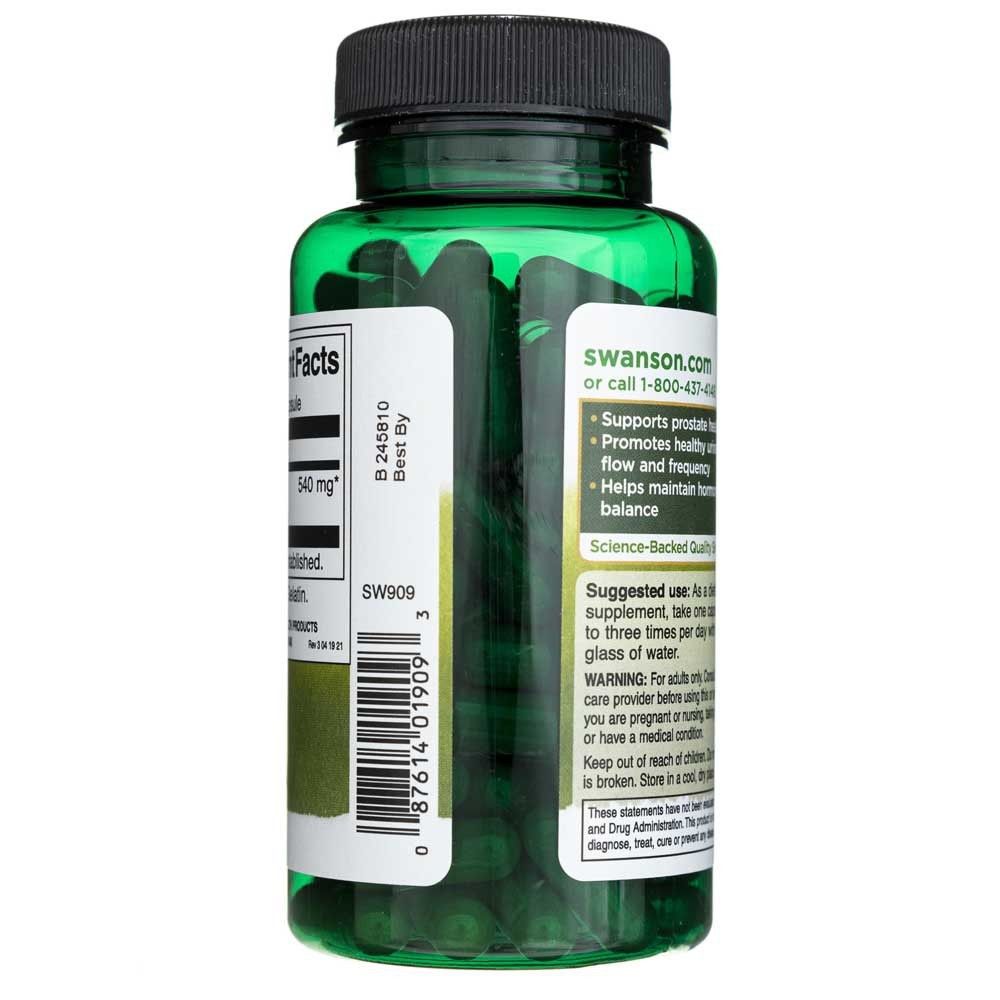 Vista laterale di un flacone verde di capsule di Saw Palmetto, contenuto visibile.
