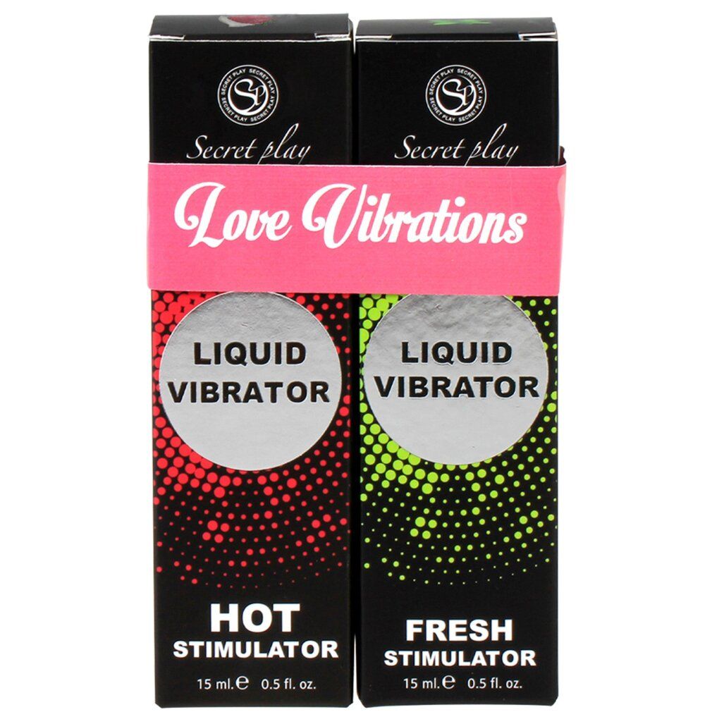 Due scatole nere con logo "Secret Play Love Vibrations". Scritte: "Liquid Vibrator", "Hot Stimulator" e "Fresh Stimulator".