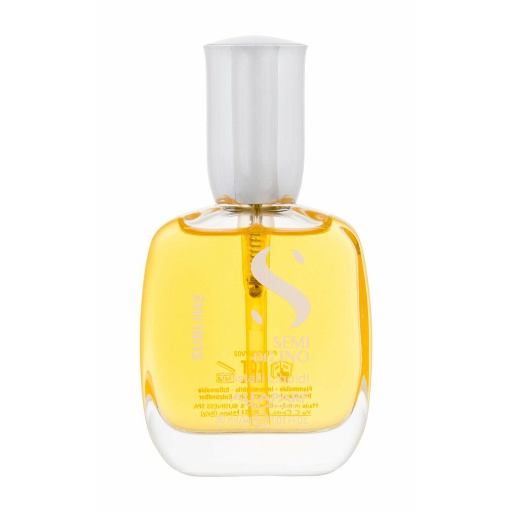 Flacone di vetro giallo con tappo bianco. Scritta: Sublime, Semi Di Lino Cristalli Liquidi, Alfaparf Milano. Etichetta.