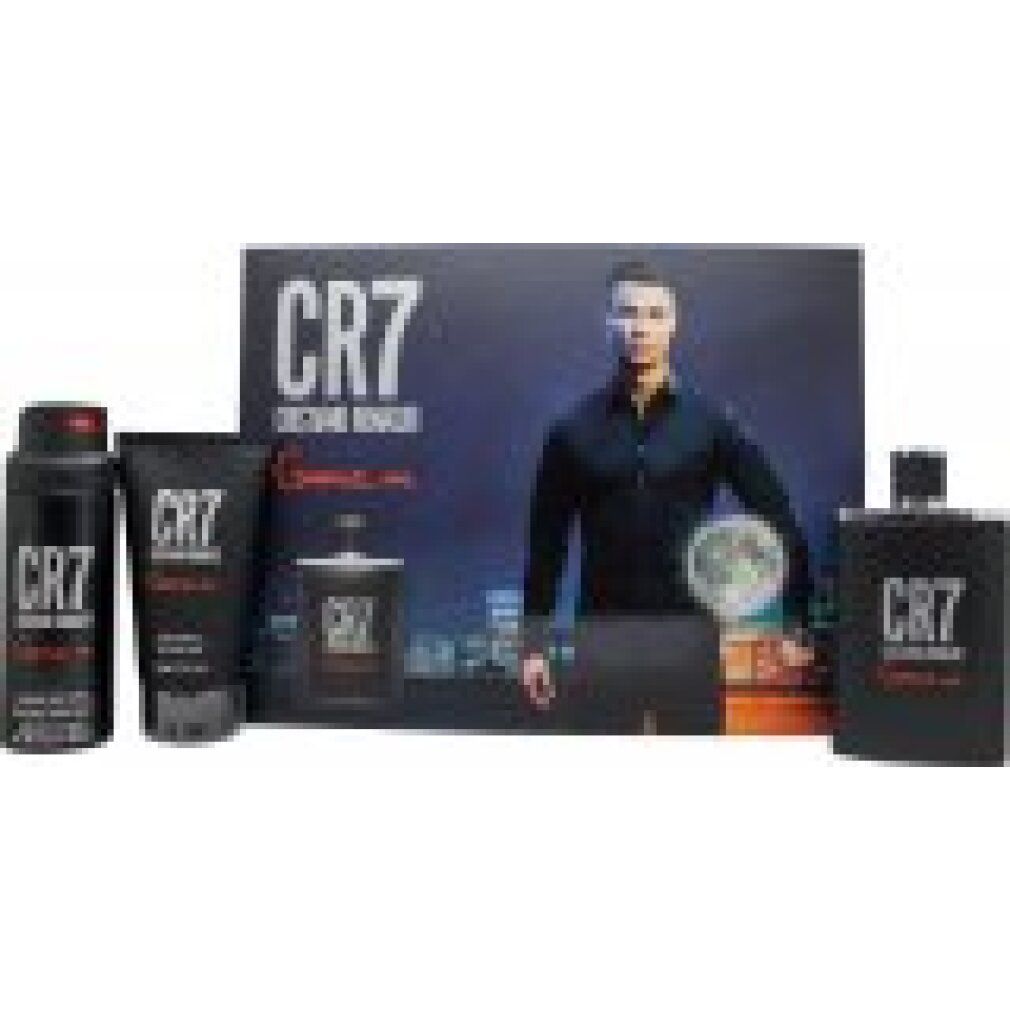 Set regalo CR7. Contiene eau de toilette, gel doccia e spray. Confezione nera con Cristiano Ronaldo.