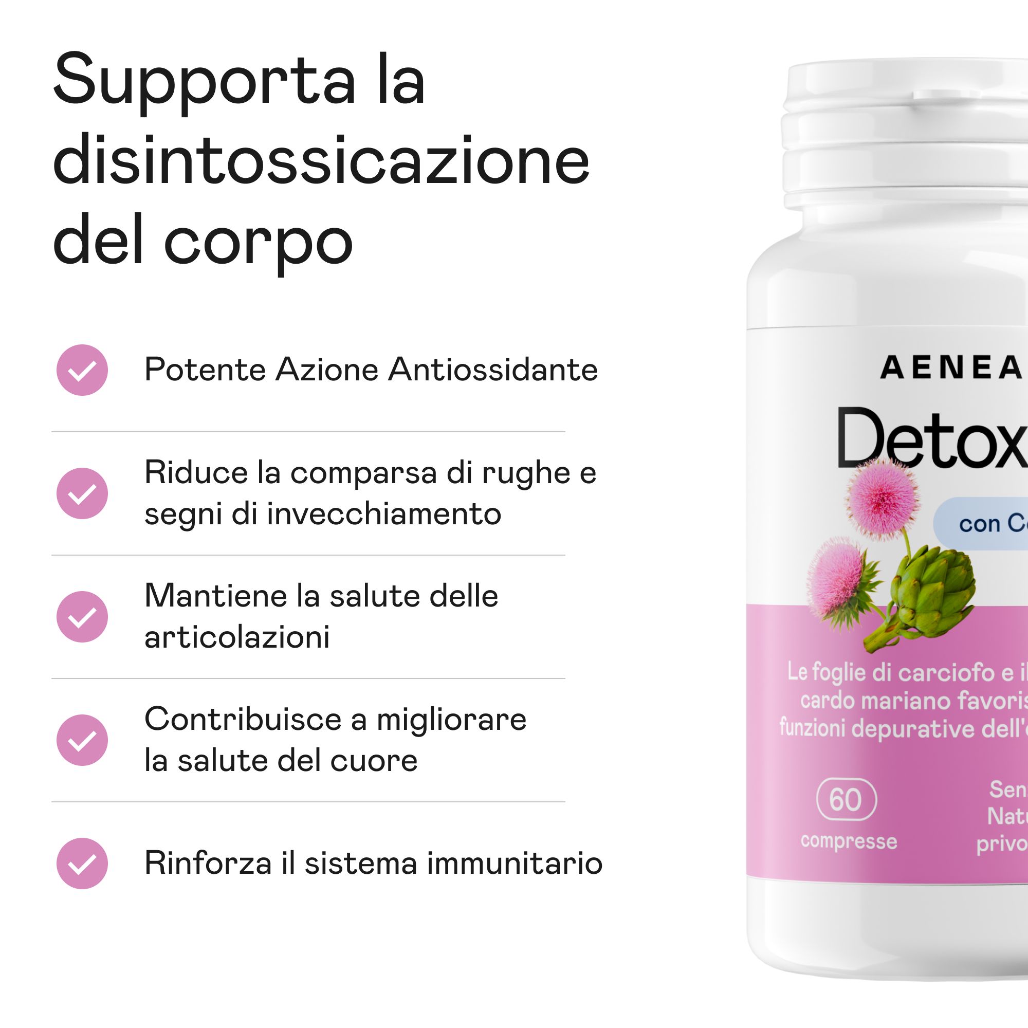 Flacone bianco Aenea Detox+. Etichetta rosa con informazioni e logo. Testo: Supporta la disintossicazione del corpo. Compresse.