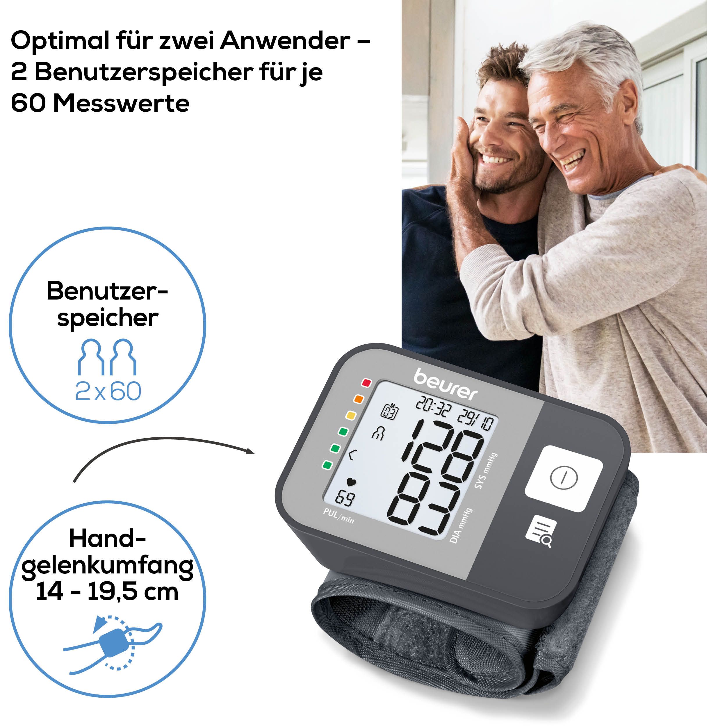 Misuratore di pressione da polso. Dispositivo grigio con display. Per polsi 14-19,5 cm. Beurer.