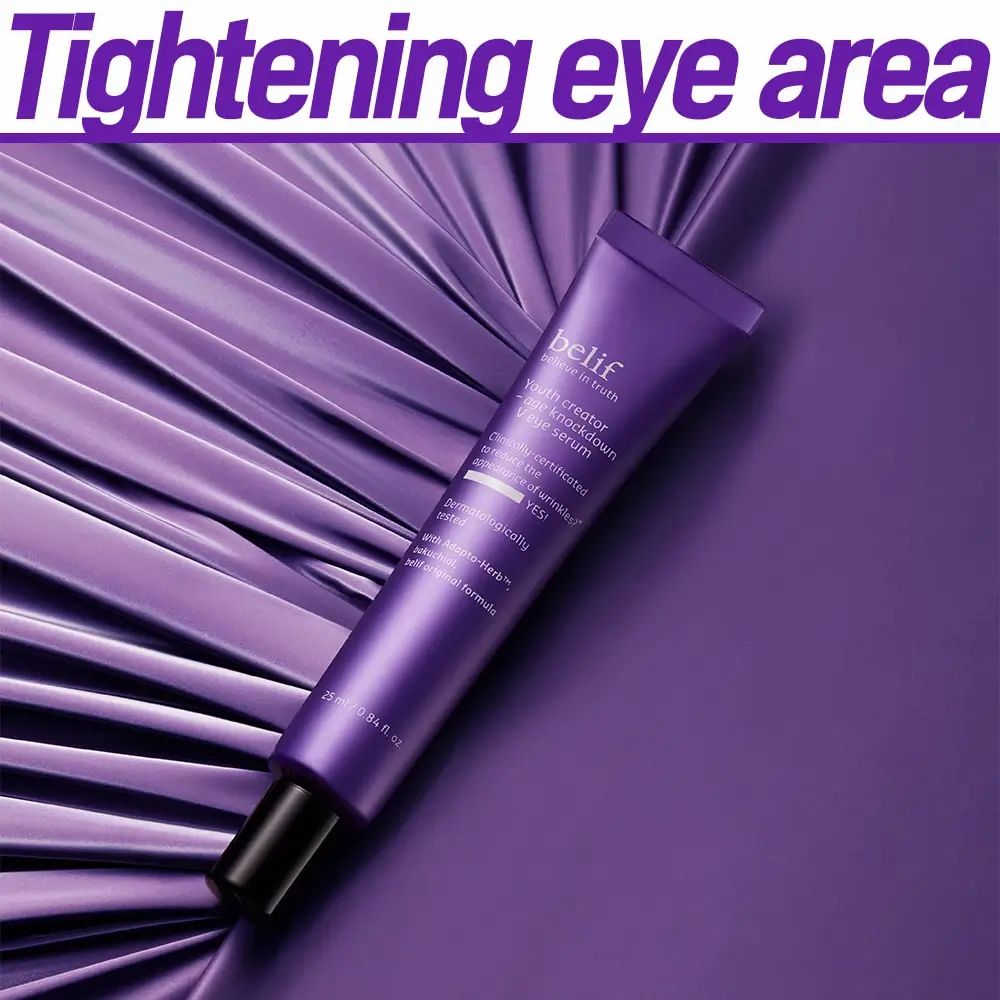 Tubo viola con tappo nero. Scritta: belif, Youth creator - age knockdown V eye serum. 25 ml.