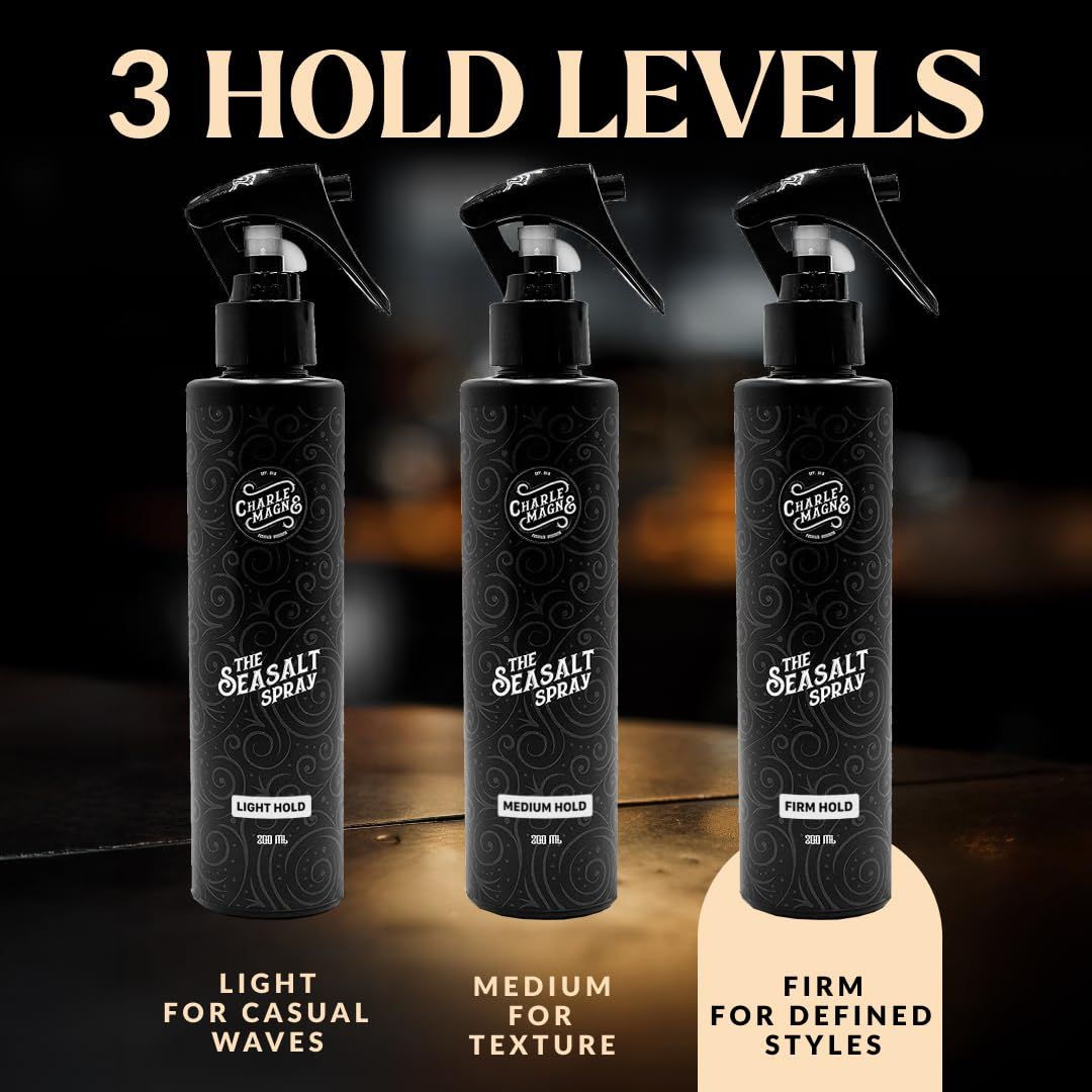 Tre flaconi Charles Magnus The Seasalt Spray: leggero, medio e forte per diversi stili.