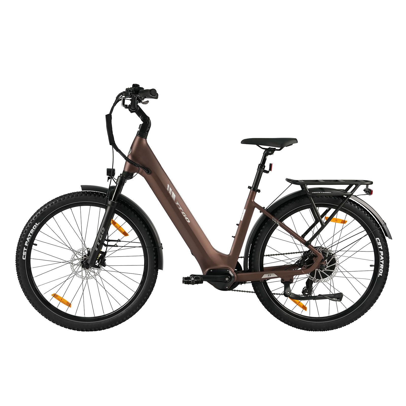 Bicicletta elettrica marrone con pneumatici neri, parafanghi e portapacchi. Freni a disco idraulici.