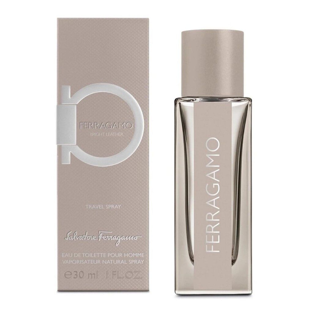 Spray da viaggio Ferragamo Bright Leather Eau de Toilette (30ml) accanto alla confezione esterna.