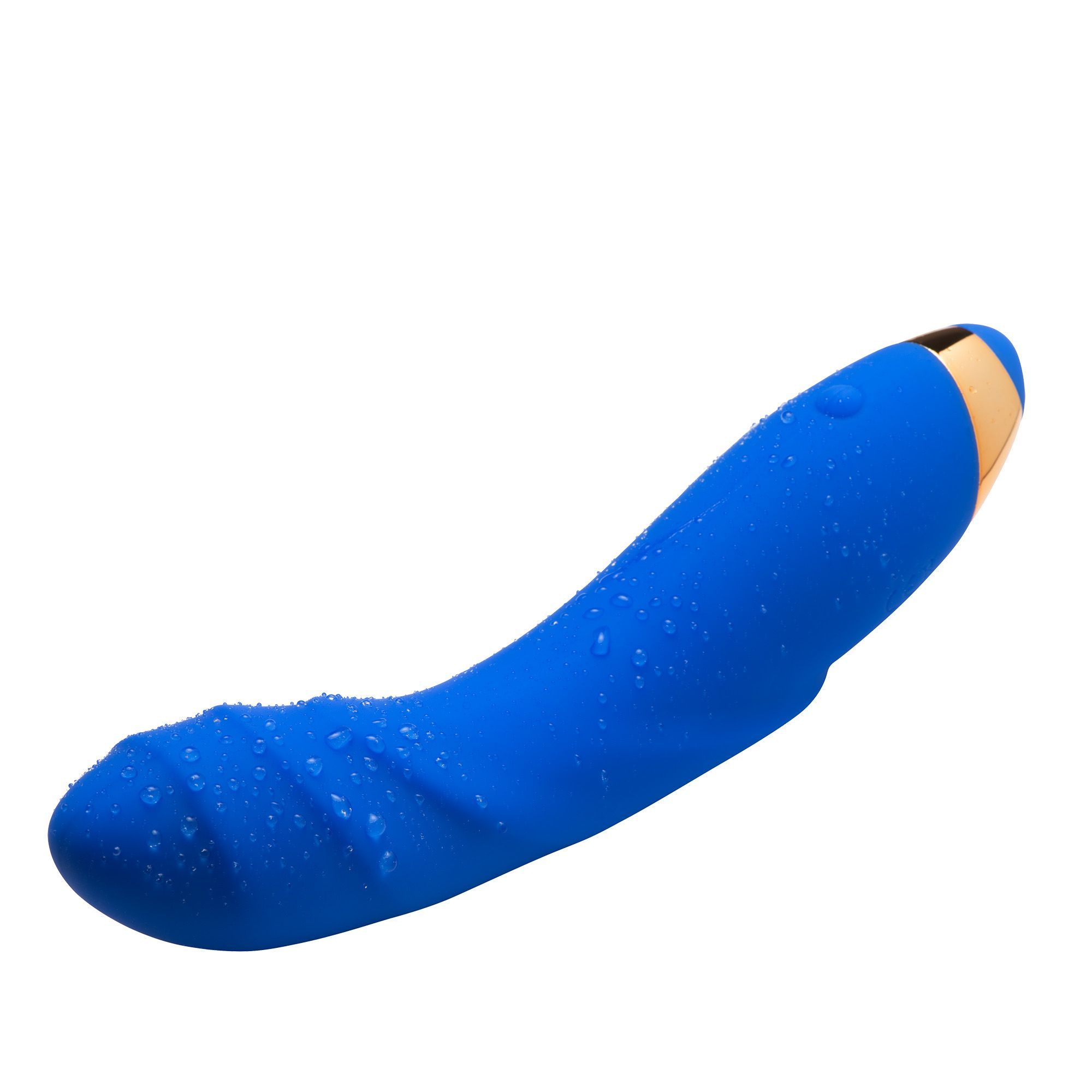 Vibratore blu con gocce d'acqua e superficie a coste, punta dorata.