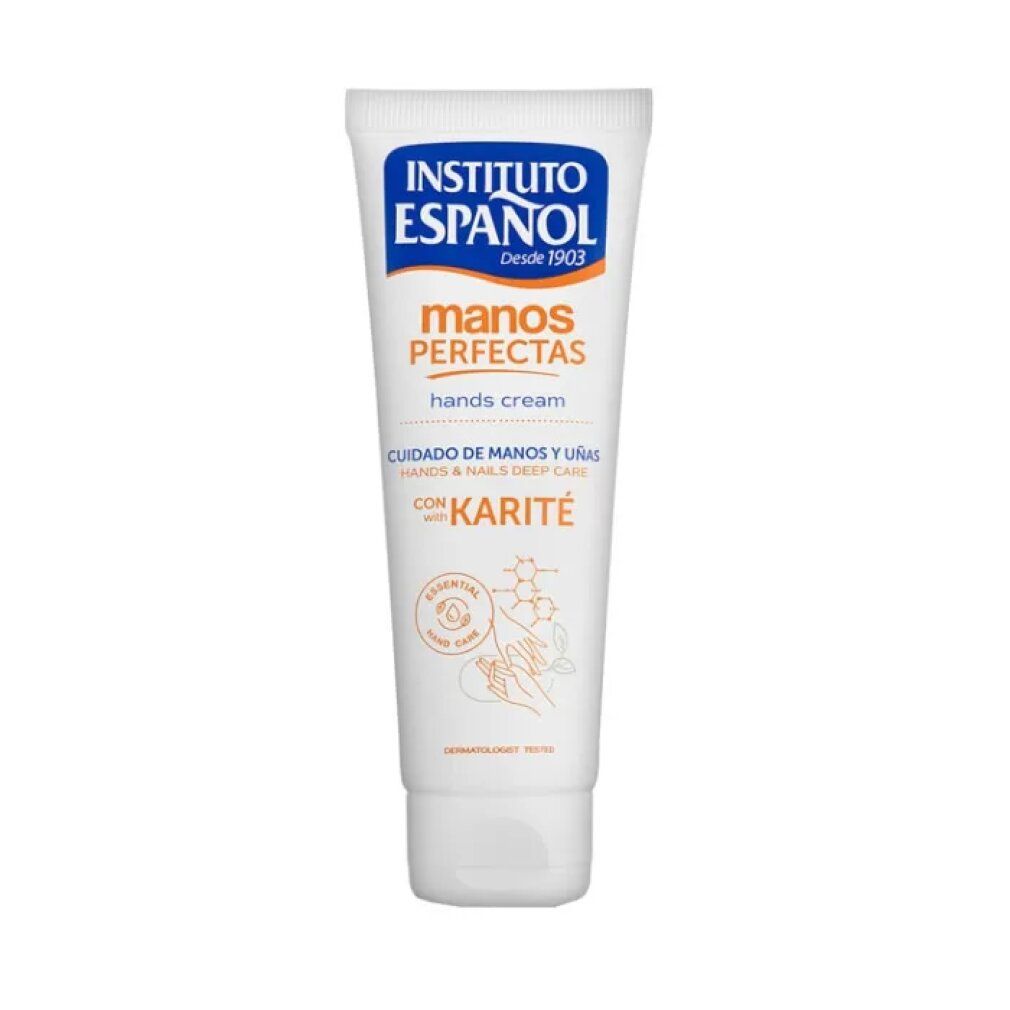 Tubo bianco con testo blu e arancione. Crema mani con karité. Scritta: Instituto Español, Manos Perfectas.
