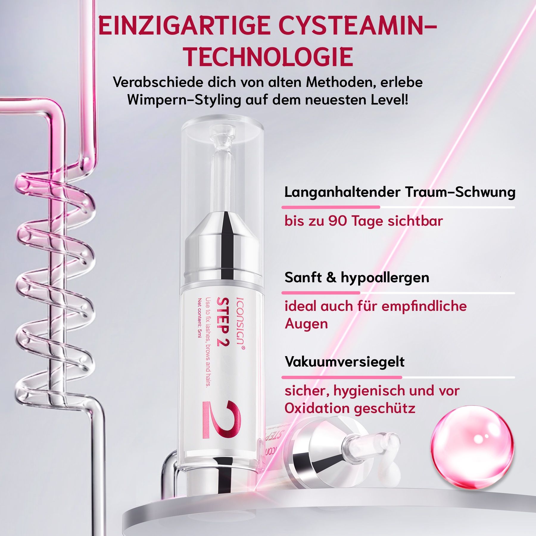 Flacone di prodotto per laminazione ciglia. Con etichetta Step 2. Sigillato sottovuoto. Con testo e logo.