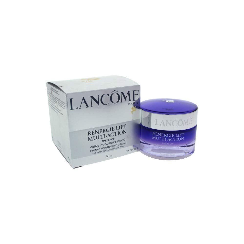 Confezione e vasetto di Lancôme Rénergie Multi-Lift Crème SPF 15. Scatola bianca con nome del prodotto e vasetto viola.