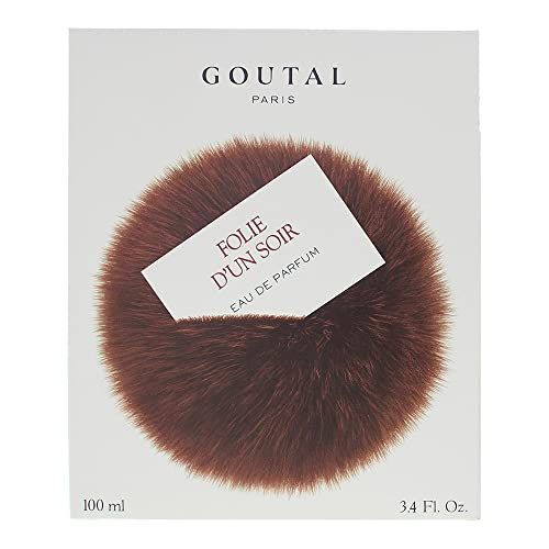 Confezione con design in pelliccia e nome del prodotto. Marchio Goutal Paris. Scritta Folie d'Un Soir Eau de Parfum.