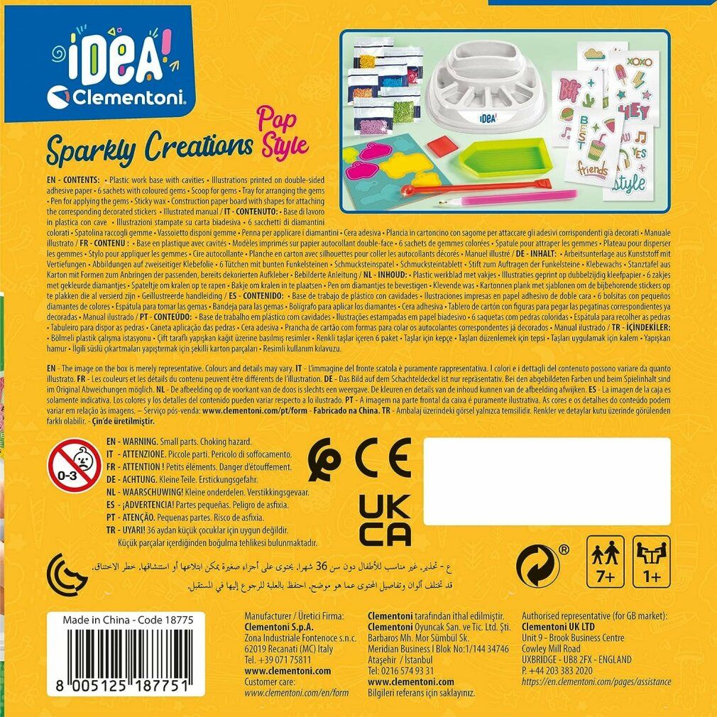 Retro della confezione Clementoni Sparkly Creations. Testo multilingue. Loghi, età consigliata 7+ e certificazioni di sicurezza.