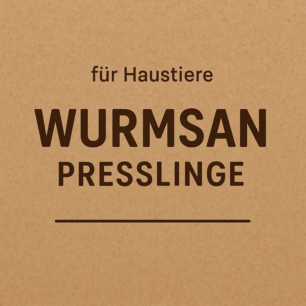 Sfondo marrone con scritta: per animali domestici, Wurmsan Presslinge.