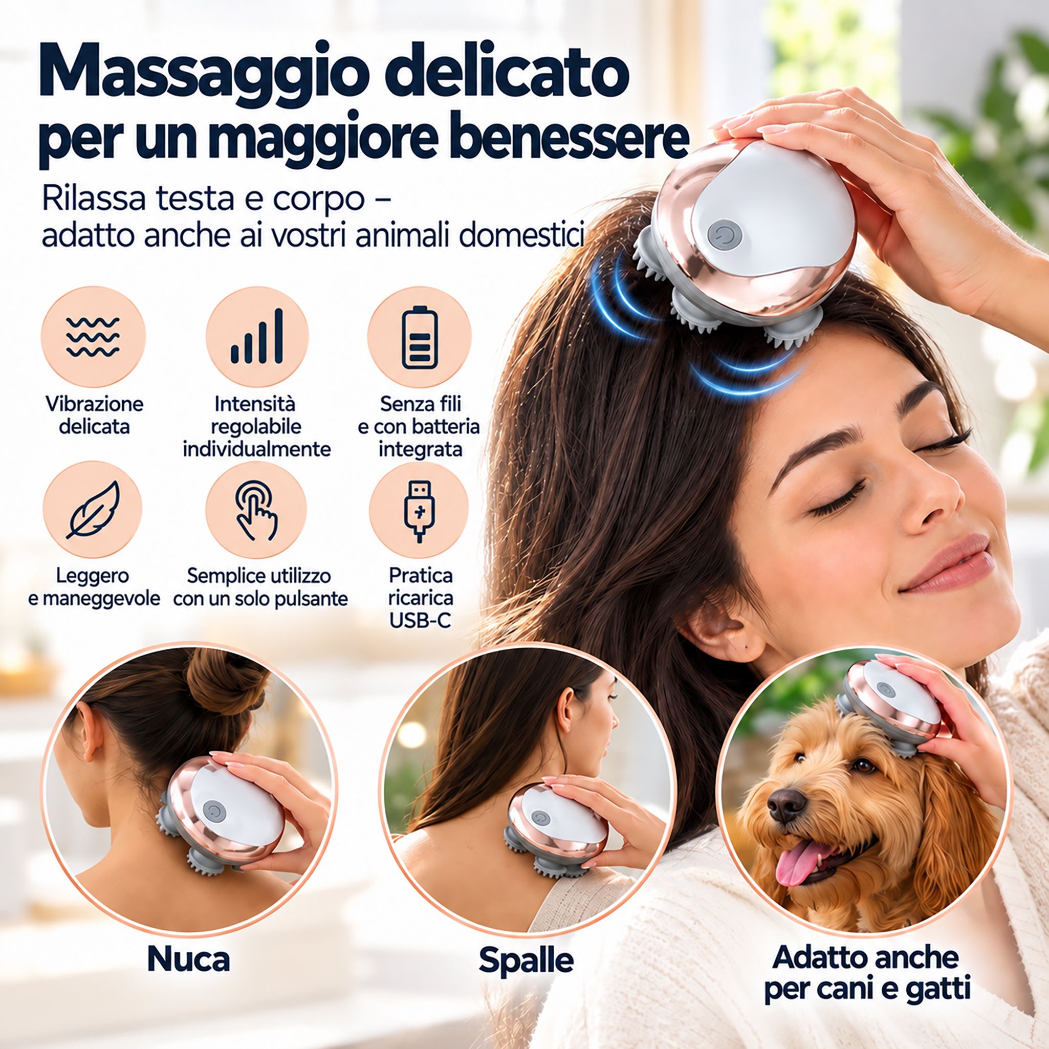 Massaggiatore per la testa con quattro testine massaggianti rotanti in silicone, bianco con fascia oro rosa.