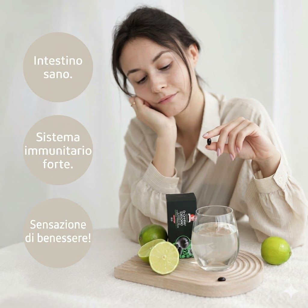 Donna tiene una capsula nera. Accanto ci sono una scatola, un bicchiere d'acqua e lime.