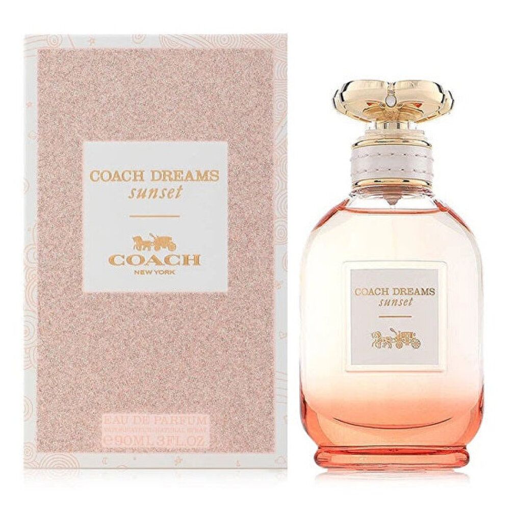 Flacone e confezione. Flacone rotondo, tappo dorato. Confezione rosa con scritta COACH DREAMS sunset e logo.