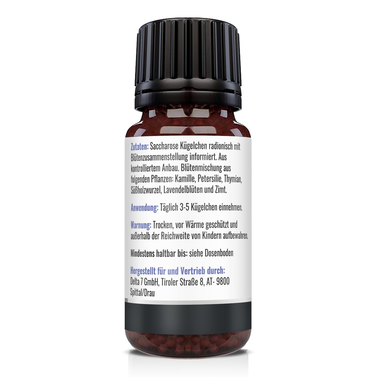 Retro di un flacone di granuli. Ingredienti, uso, avvertenza, scadenza, produttore. Testo in tedesco.