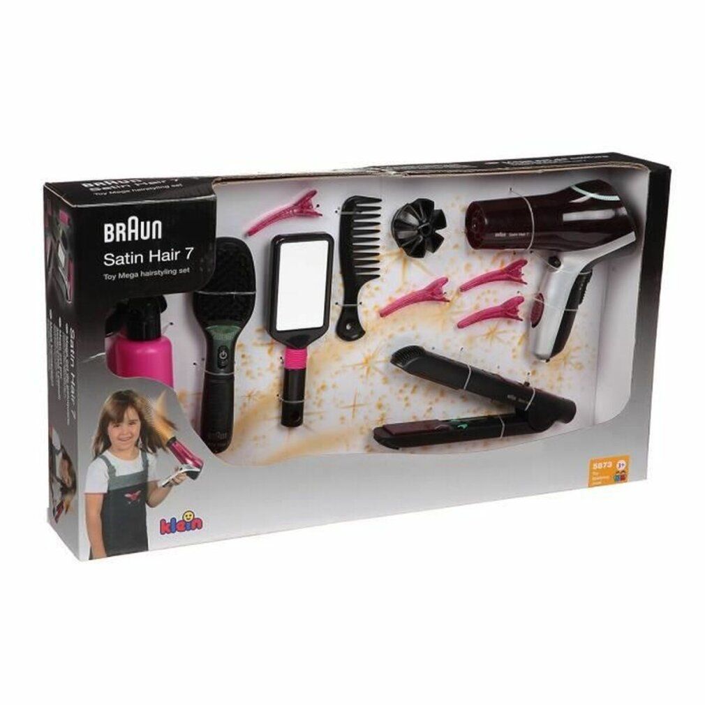 Confezione del set THEO KLEIN Braun Megafrisierset. Contiene asciugacapelli, piastra, spazzola, specchio, pettine, forcine e accessori.