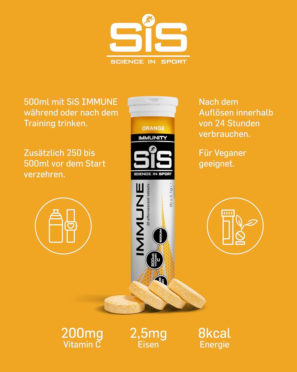 Compresse effervescenti arancioni in tubo. Scritta: SIS IMMUNE, 20 compresse. Quattro compresse.