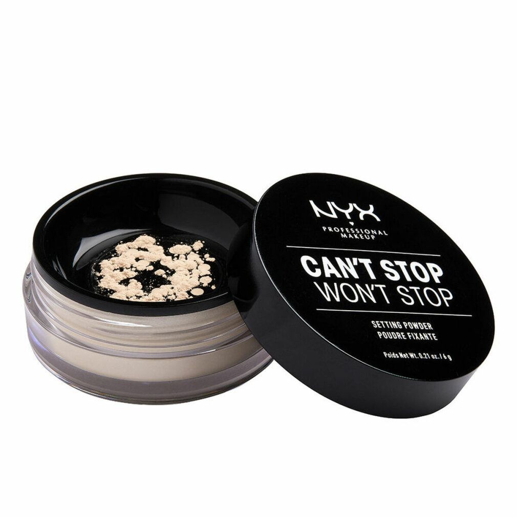 Cipria fissante NYX Professional Makeup. Coperchio nero con scritta CAN'T STOP WON'T STOP. Barattolo di cipria sfusa aperto.