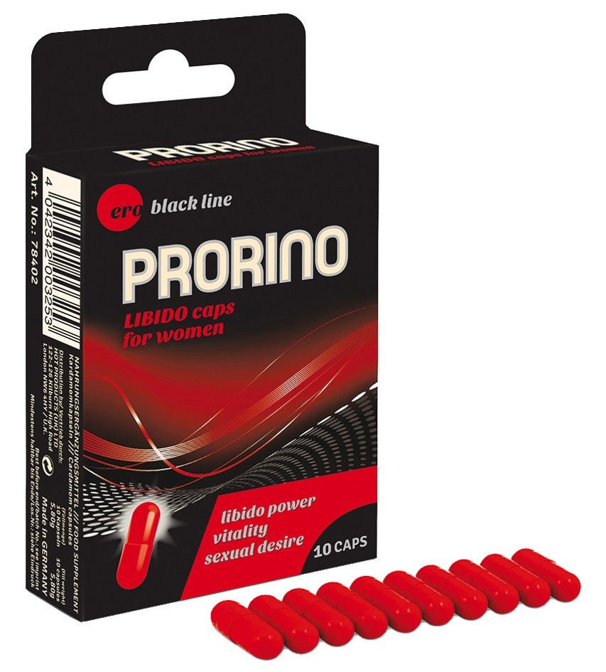 Confezione PRORINO LIBIDO caps for women con 10 capsule e capsule sparse.