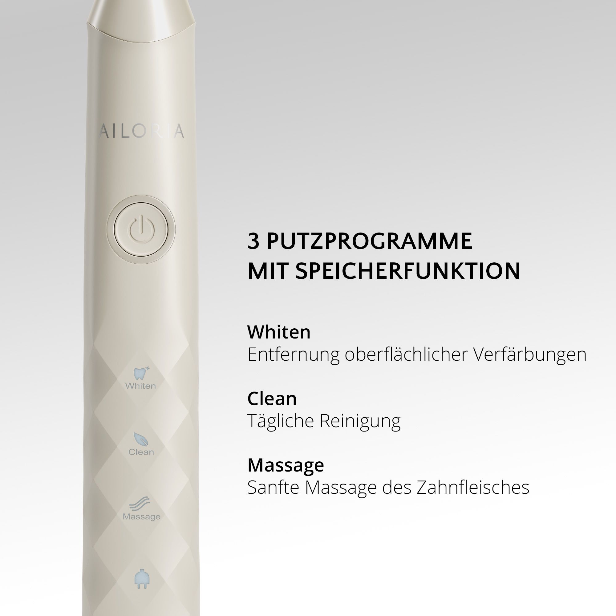 Primo piano dello spazzolino. Tre programmi: Whiten, Clean, Massage. Testo in tedesco.