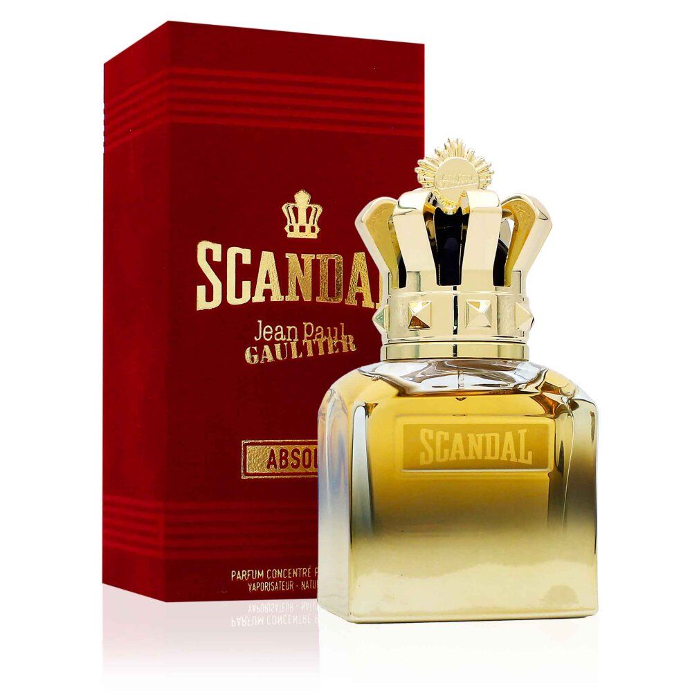 Flacone di profumo con corona dorata e scatola rossa. Scritto: Scandal Absolu.