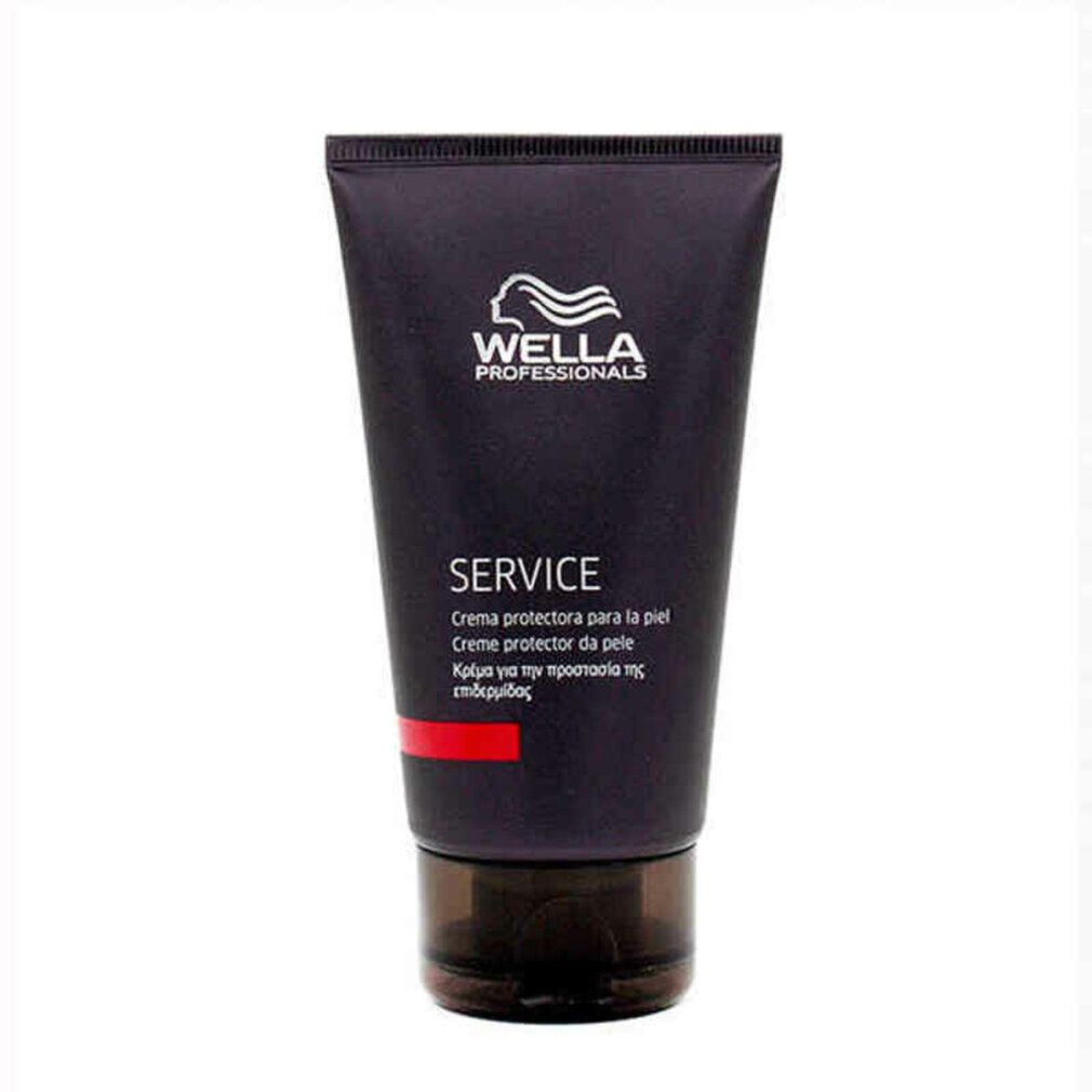 Tubo scuro con tappo nero. Scritta: Wella Professionals, SERVICE, Creme protectora para la piel.