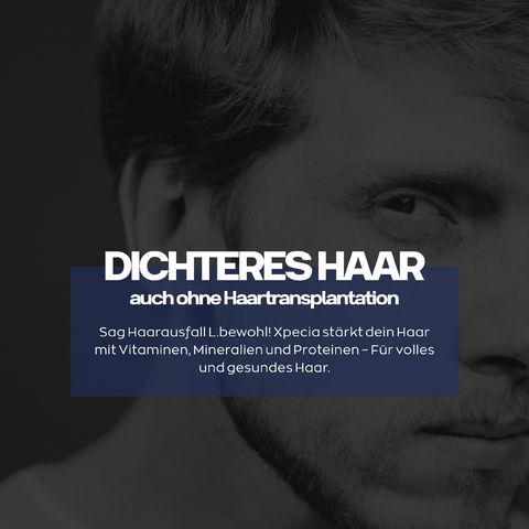 Uomo, mano sulla testa. Testo: Capelli più densi senza trapianto. Vitamine, minerali, proteine.