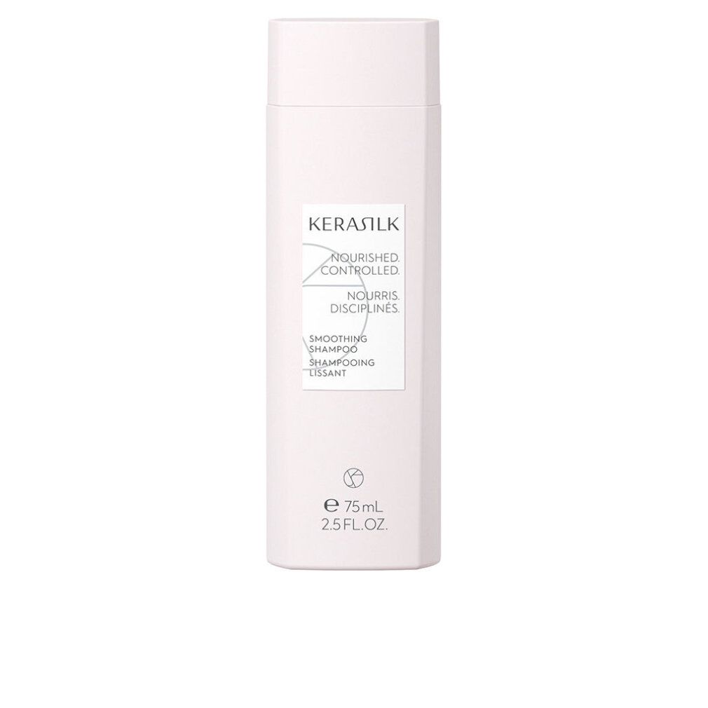 Flacone di shampoo bianco, corpo rettangolare. Scritta: KERASILK, NOURISHED CONTROLLED, SMOOTHING SHAMPOO. 75ml.