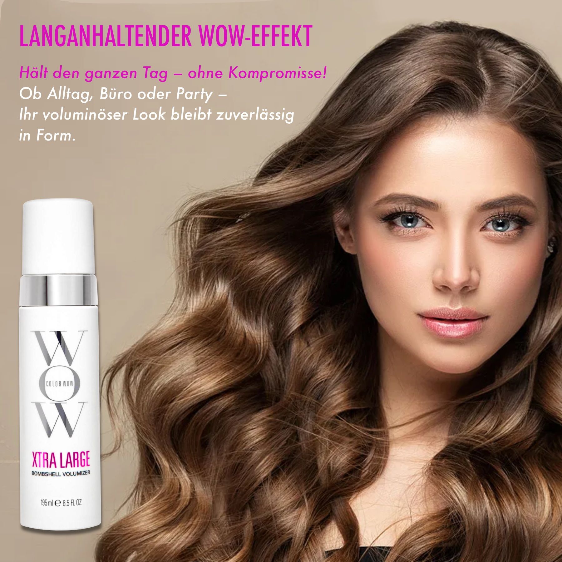 Una donna con capelli castani e COLOR WOW Xtra Large Bombshell Volumizer. Nome del prodotto e marchio.