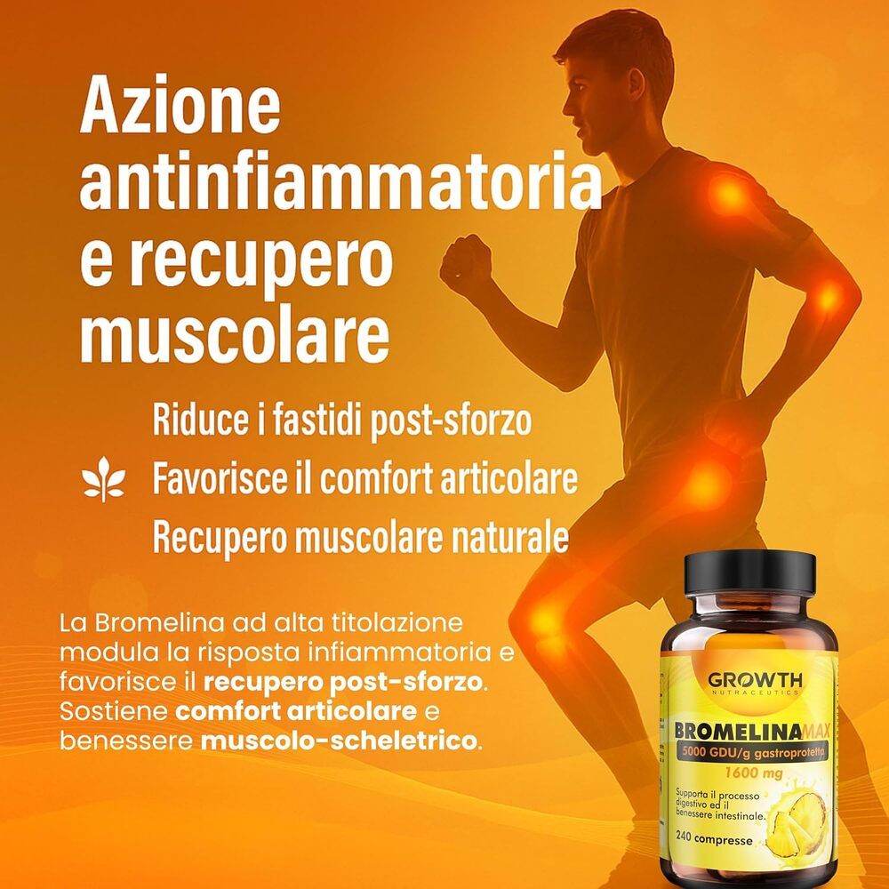 Uomo che corre con flacone Bromelina. Testo: Azione antinfiammatoria e recupero muscolare. Prodotto: GROWTH Bromelina MAX.
