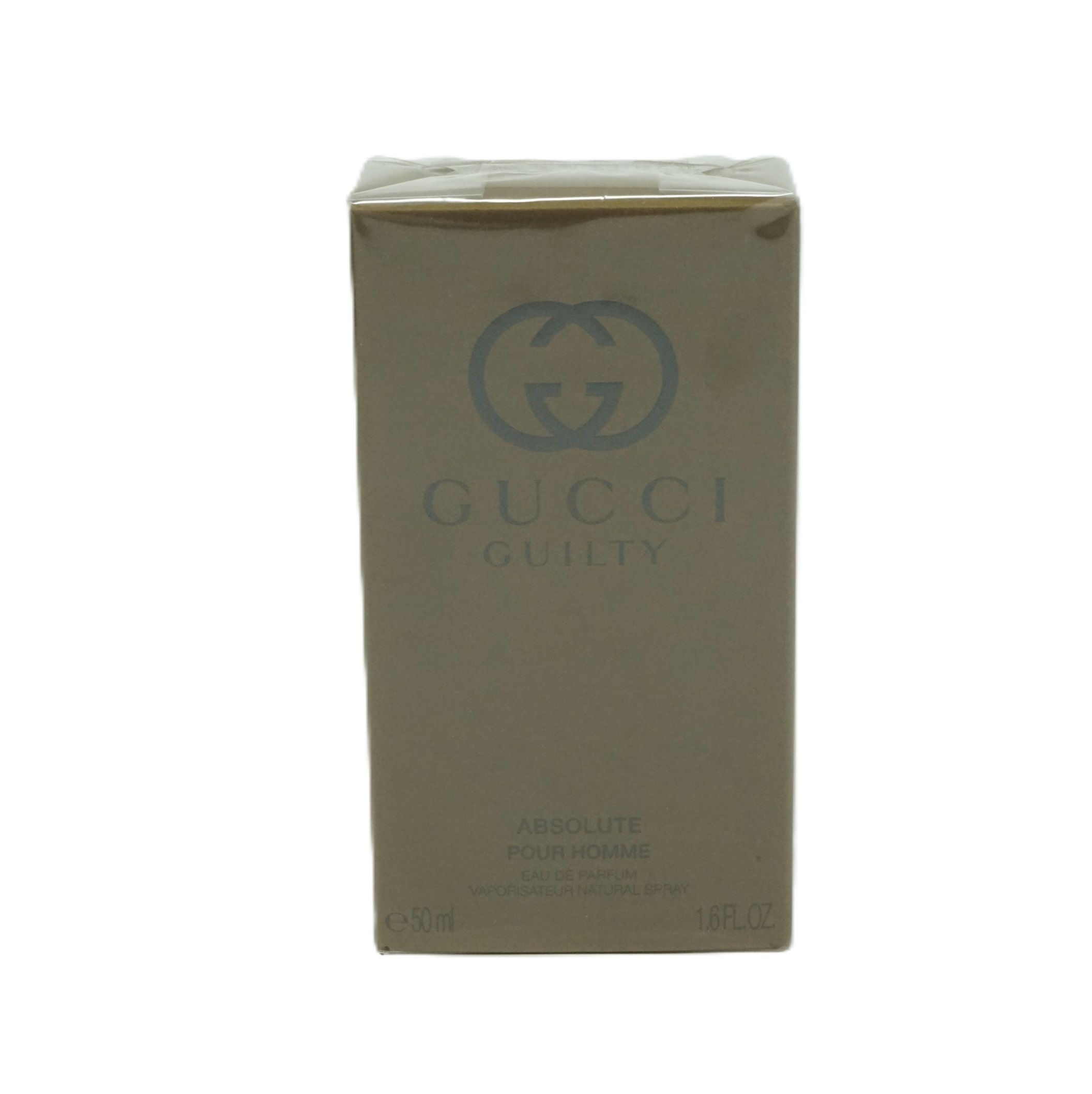 Confezione rettangolare Gucci Guilty Absolute per uomo. Logo e testo Gucci. 50 ml.