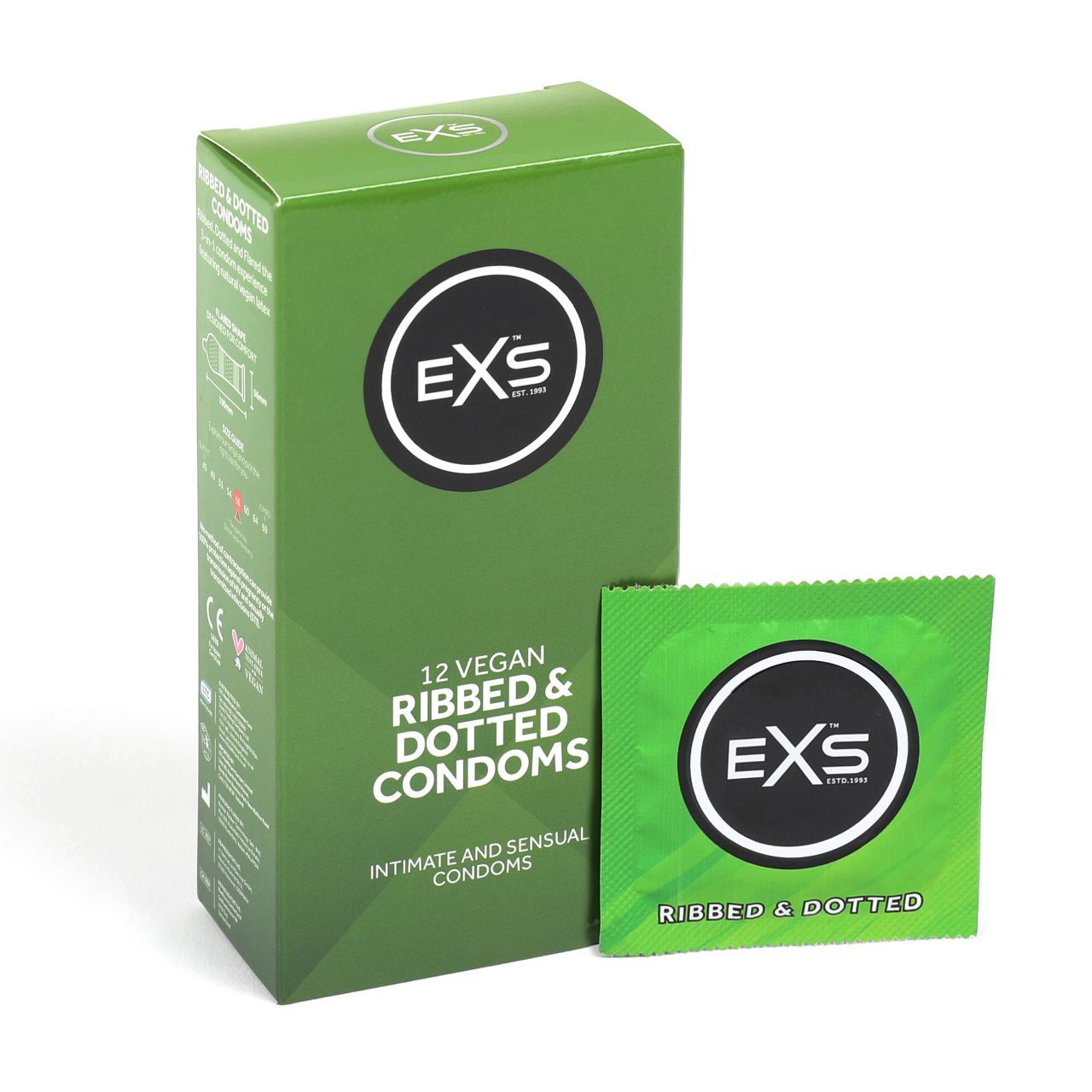 Confezione verde di preservativi EXS Ribbed & Dotted con sigilli.