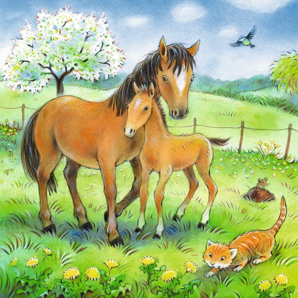 Motivo puzzle: pecore e capre in un prato. Montagne sullo sfondo. Illustrazione.