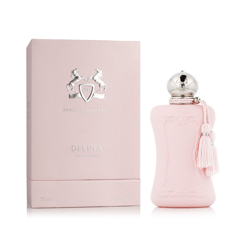 Scatola e flacone rosa. Logo e scritta argentati. Profumo. 75 ml.
