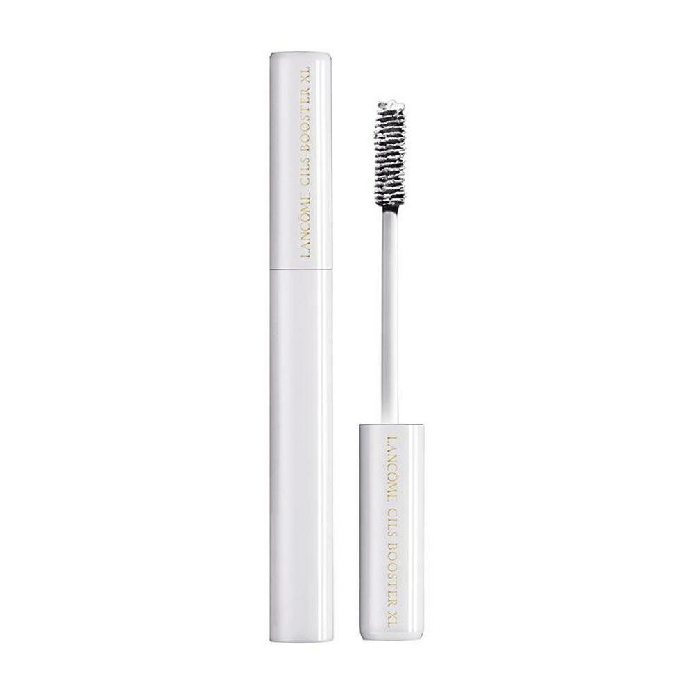 Contenitore e spazzola per mascara bianchi. Scritta: Lancôme Cils Booster XL. Spazzola con setole nere.
