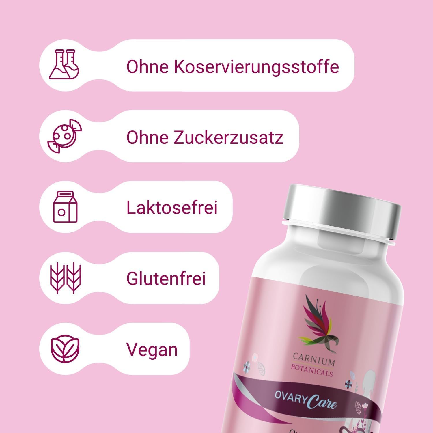Primo piano di un flacone con etichetta rosa. Scritta: CARNIUM BOTANICALS, OVARY Care. Testo: Senza conservanti, senza zuccheri aggiunti, senza lattosio.
