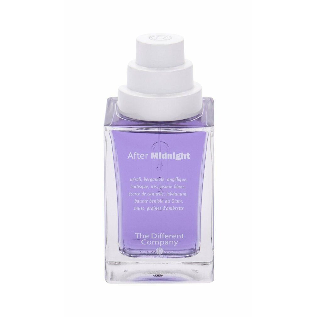Flacone quadrato, liquido viola. Tappo bianco. Testo: After Midnight, ingredienti, The Different Company.