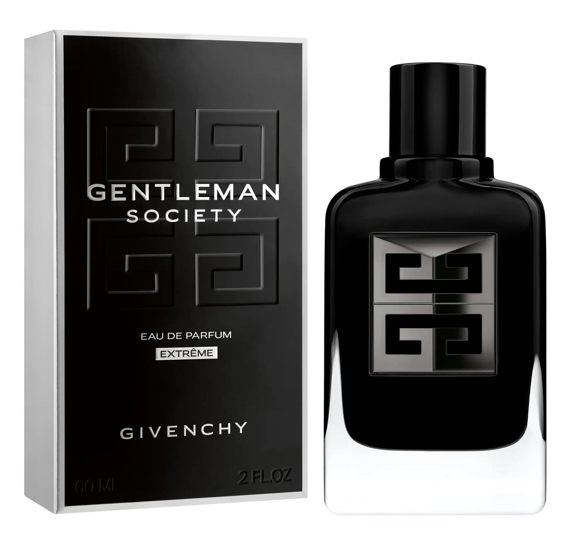 Flacone e confezione neri. Flacone con logo argentato. Confezione con testo: Gentleman Society, Eau de Parfum Extreme.