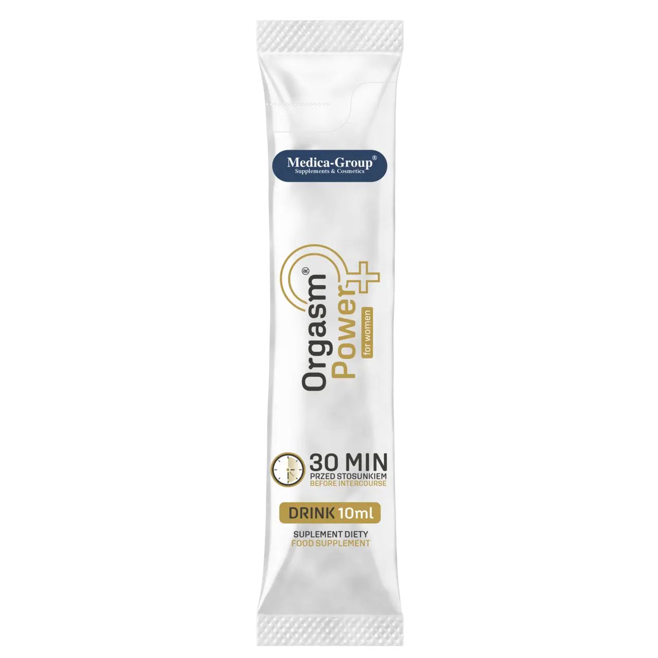 Bustina singola. Scritta: Orgasm Power for women, 30 min, Drink 10ml. Marchio: Medica-Group.