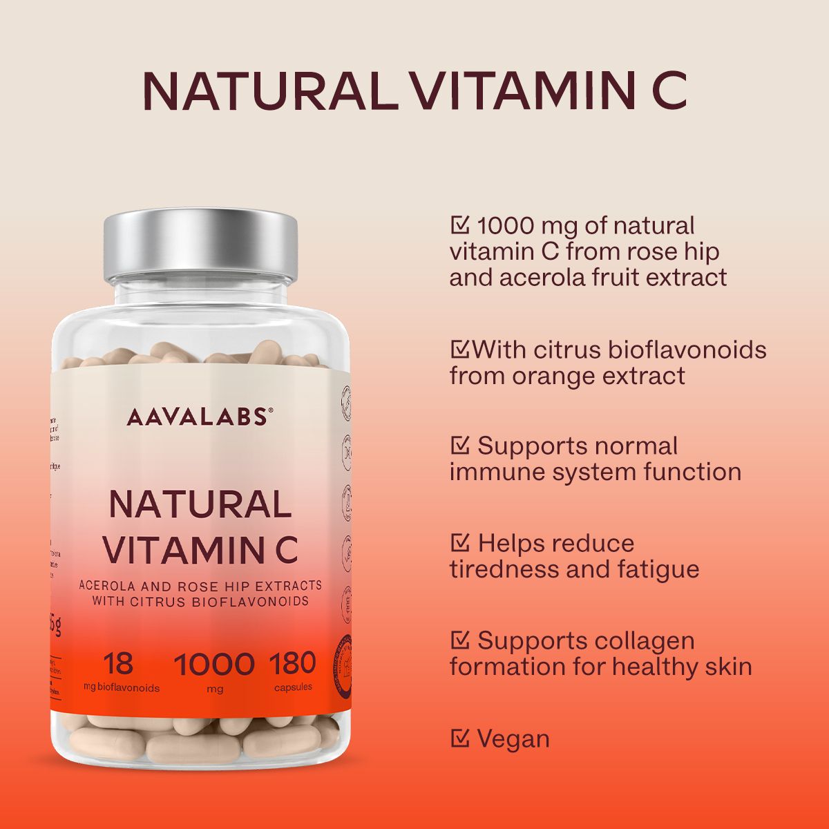 Flacone di capsule. Scritta: Natural Vitamin C. Vegano.