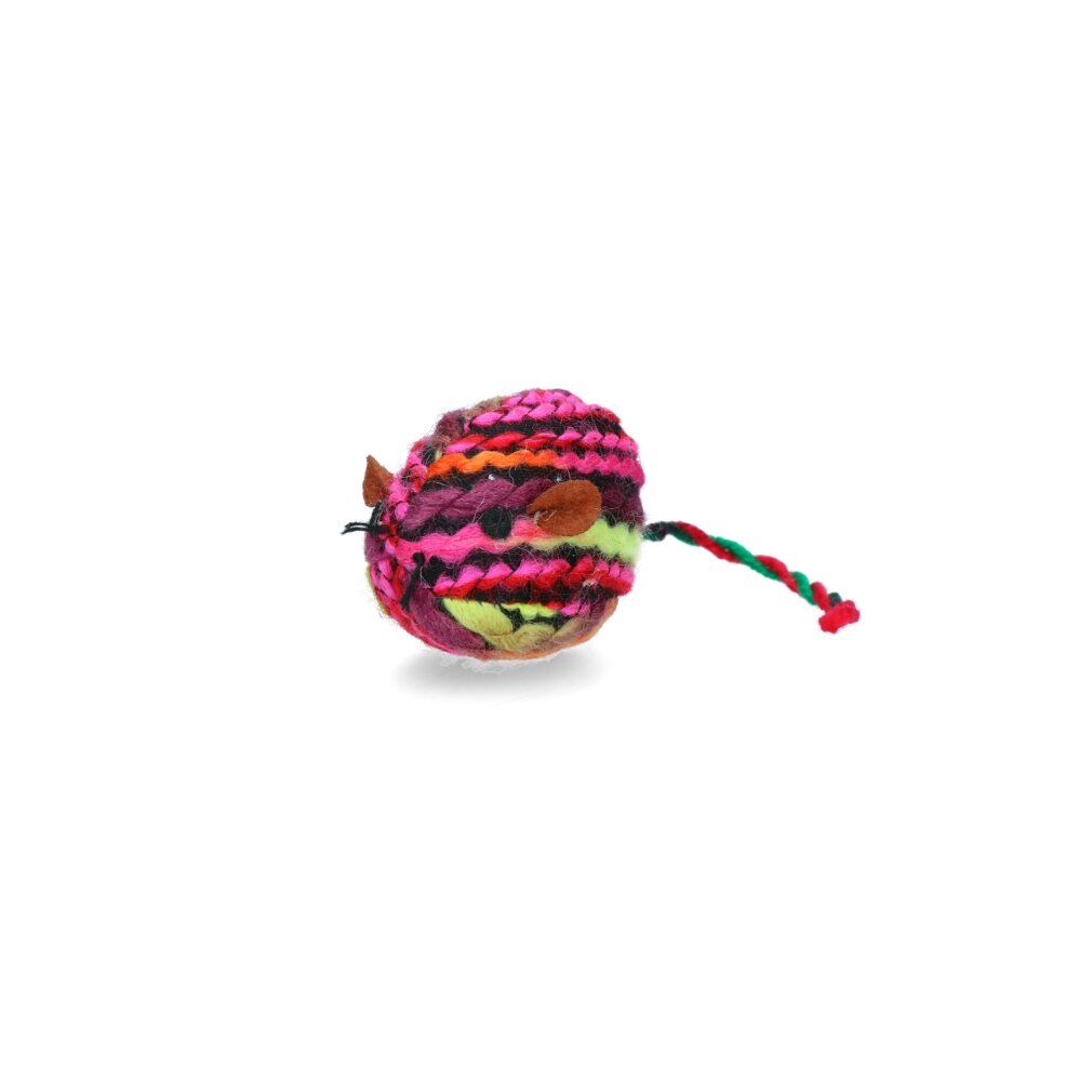 Topolino in lana multicolore. Strisce rosa, gialle, marroni e rosse. Orecchie marroni, filo verde e rosso per la coda.