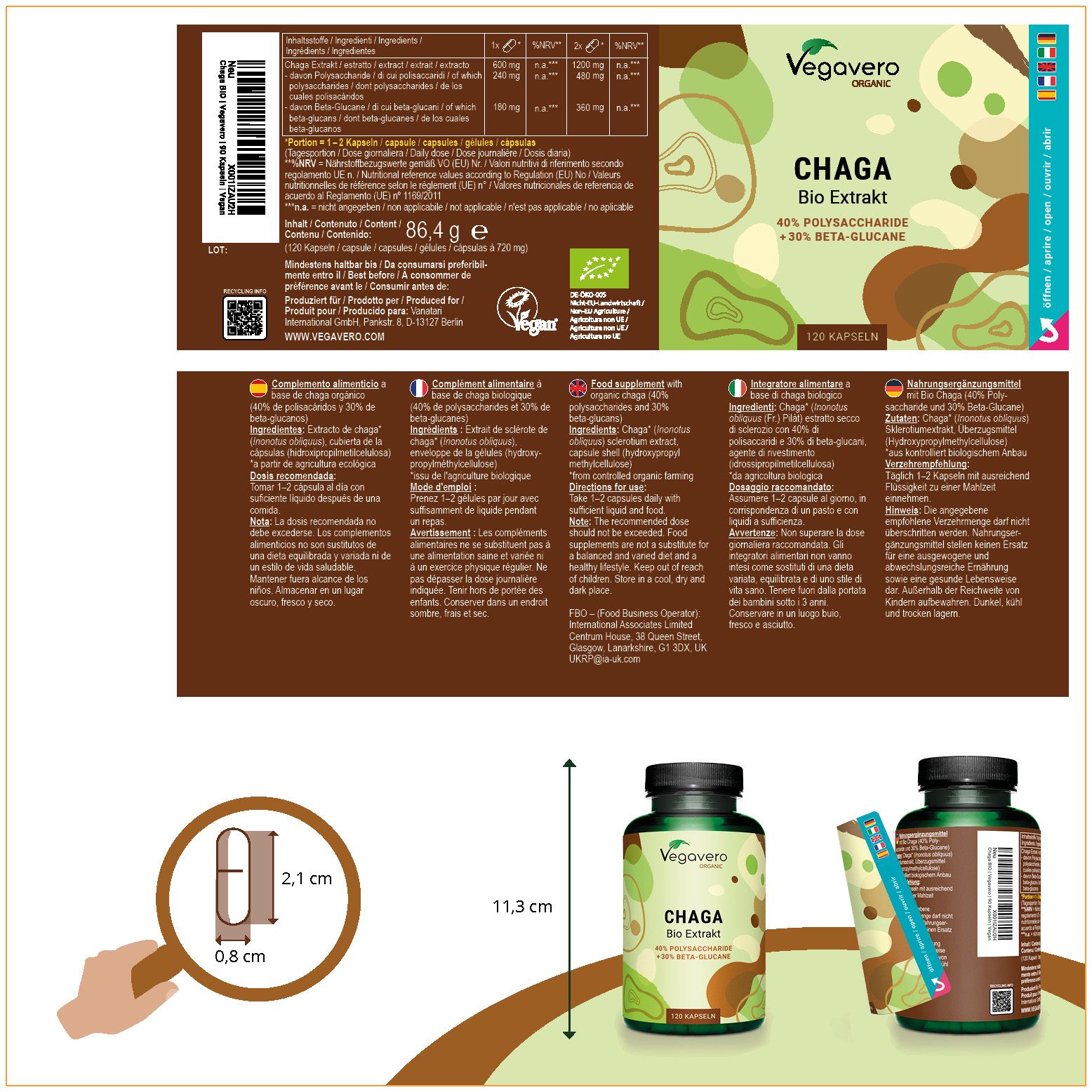 Confezione del prodotto con etichette. Contiene informazioni sugli ingredienti e sui valori nutrizionali. Con certificazione biologica.